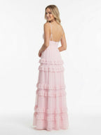 A Line Pink Chiffon Tiered Ruffles Long Wedding Guest Dress - Curvevia