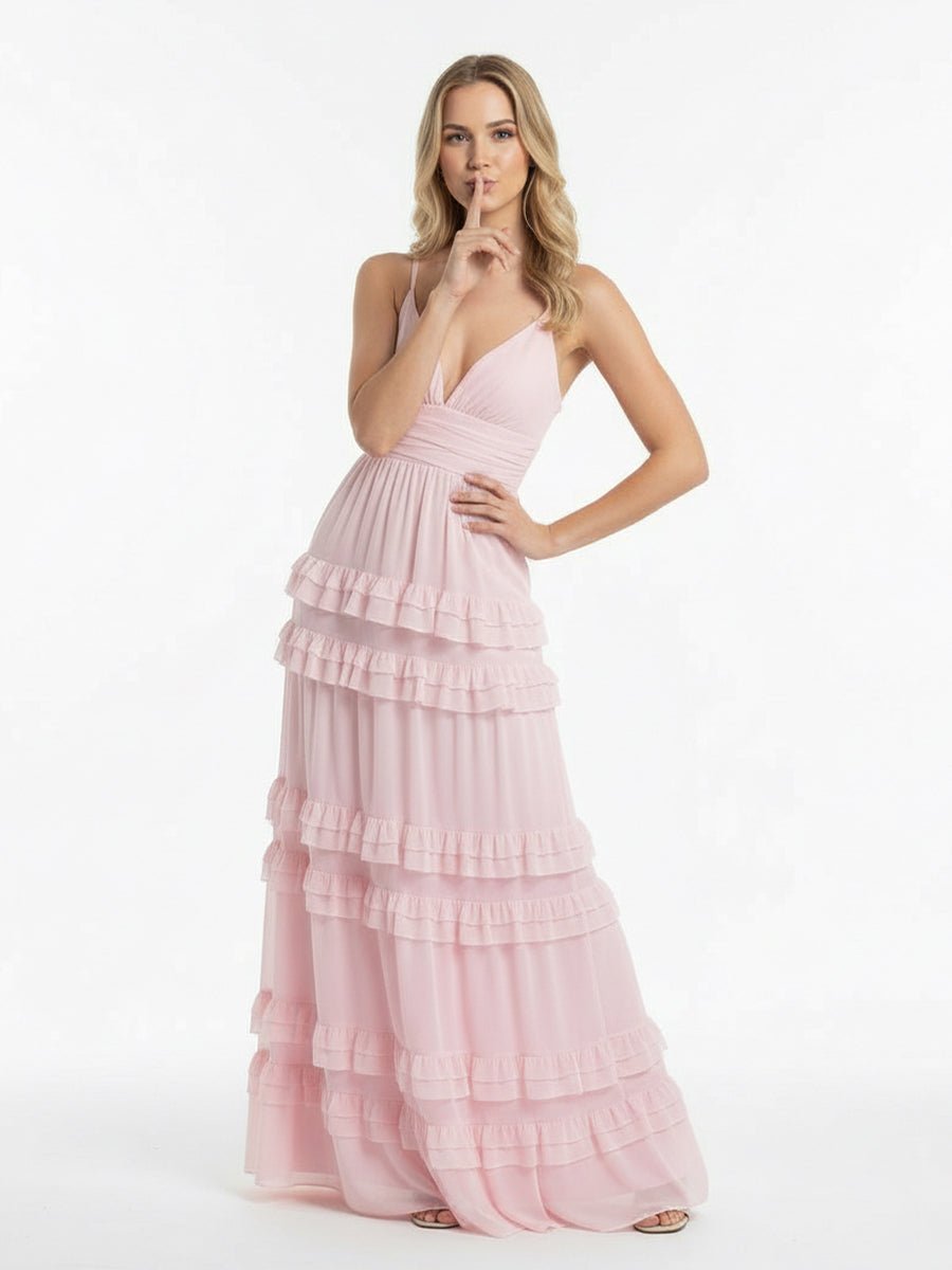 A Line Pink Chiffon Tiered Ruffles Long Wedding Guest Dress - Curvevia