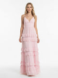 A Line Pink Chiffon Tiered Ruffles Long Wedding Guest Dress - Curvevia