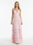 A Line Pink Chiffon Tiered Ruffles Long Wedding Guest Dress - Curvevia