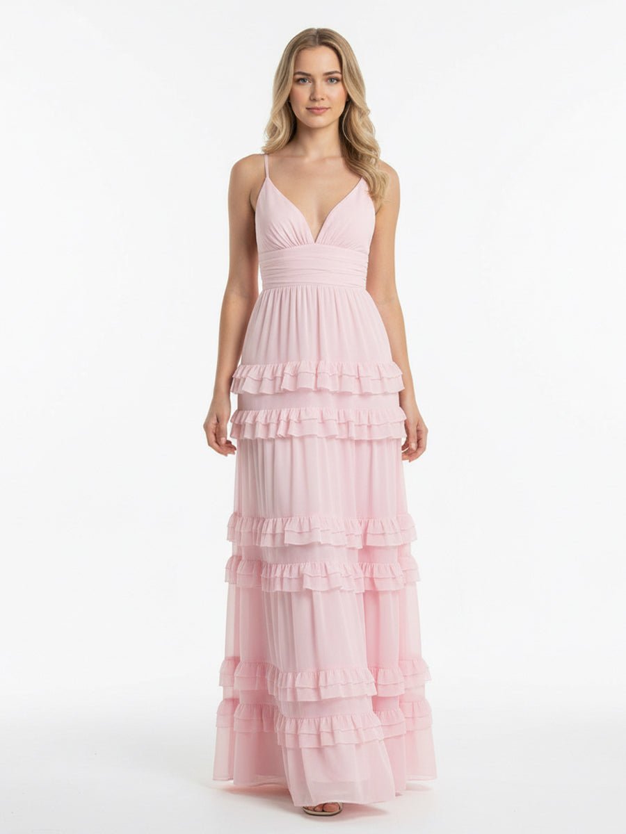 A Line Pink Chiffon Tiered Ruffles Long Wedding Guest Dress - Curvevia