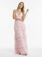 A Line Pink Chiffon Tiered Ruffles Long Wedding Guest Dress - Curvevia