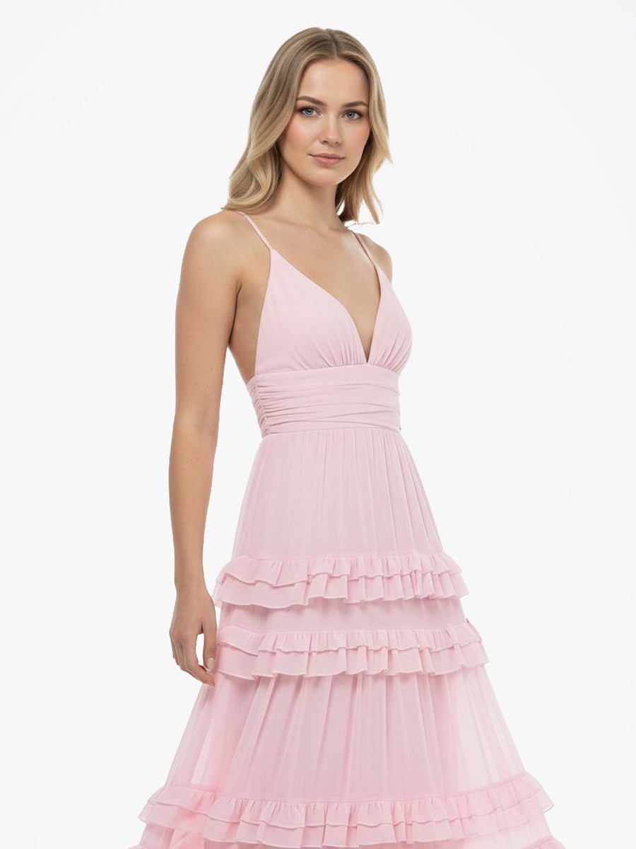 A Line Pink Chiffon Tiered Ruffles Long Wedding Guest Dress - Curvevia