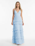A Line Pink Chiffon Tiered Ruffles Long Wedding Guest Dress - Curvevia