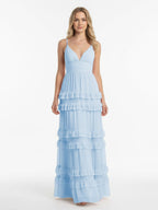 A Line Pink Chiffon Tiered Ruffles Long Wedding Guest Dress - Curvevia