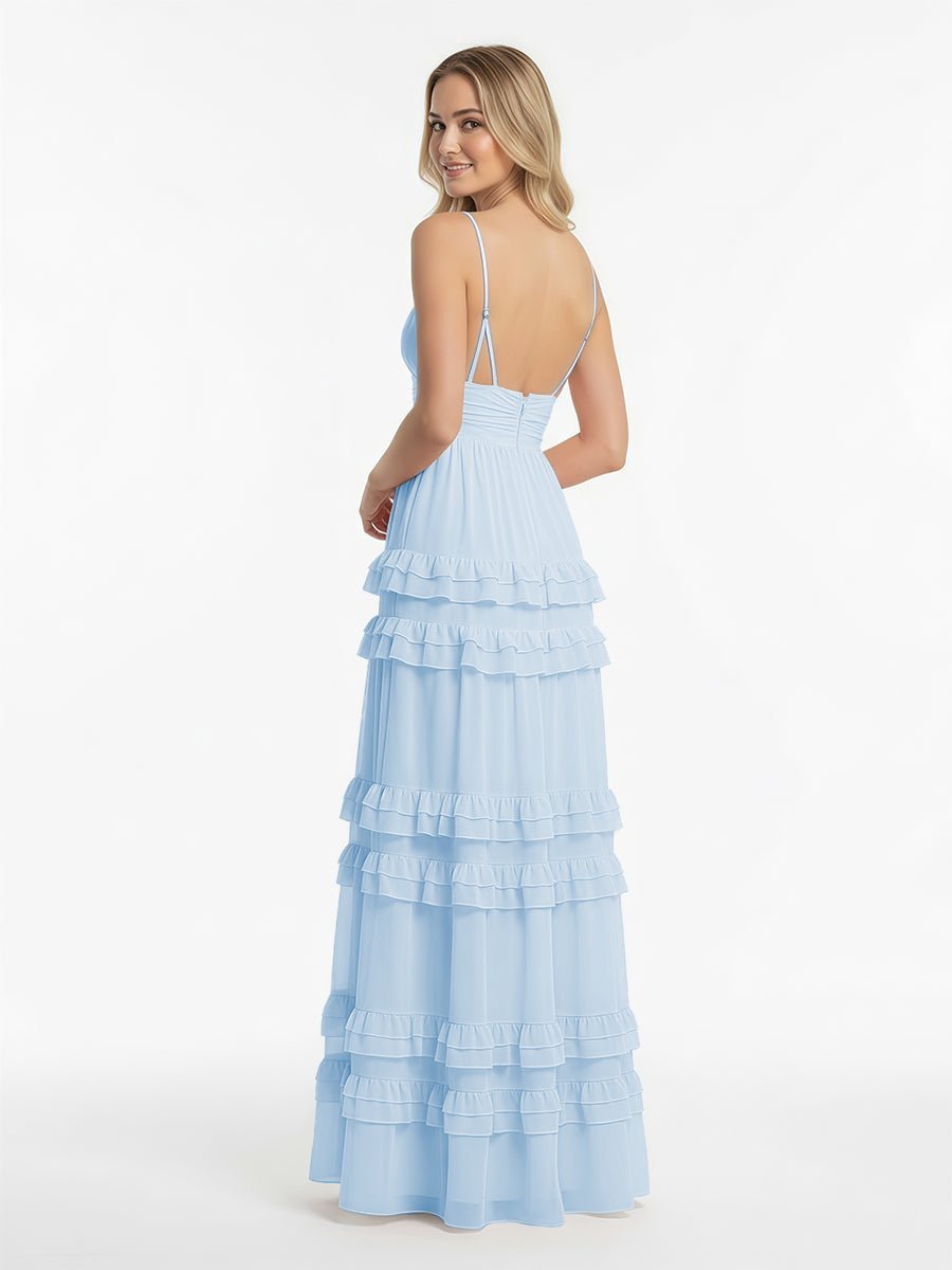 A Line Pink Chiffon Tiered Ruffles Long Wedding Guest Dress - Curvevia