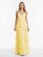 A Line Pink Chiffon Tiered Ruffles Long Wedding Guest Dress - Curvevia