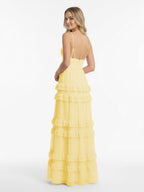 A Line Pink Chiffon Tiered Ruffles Long Wedding Guest Dress - Curvevia