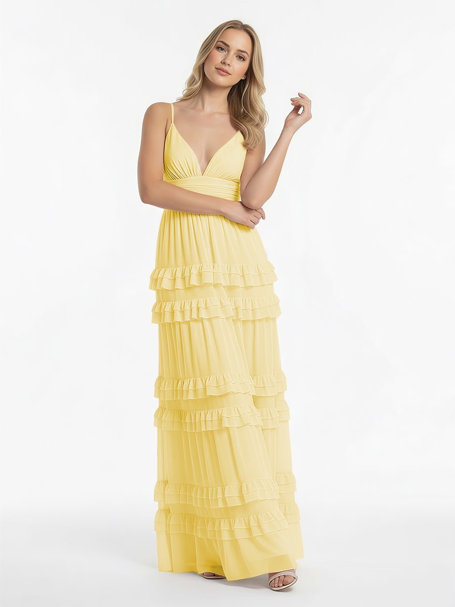 A Line Pink Chiffon Tiered Ruffles Long Wedding Guest Dress - Curvevia