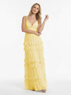 A Line Pink Chiffon Tiered Ruffles Long Wedding Guest Dress - Curvevia