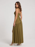Olive Green Chiffon A-Line Square Neck Lace-up Floor-Length Dress - Curvevia