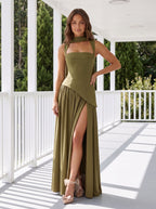 Olive Green Chiffon A-Line Square Neck Lace-up Floor-Length Dress - Curvevia