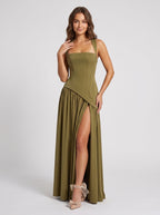 Olive Green Chiffon A-Line Square Neck Lace-up Floor-Length Dress - Curvevia