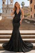 Red Mermaid Deep V Neck Sequins Evening Dress - Curvevia