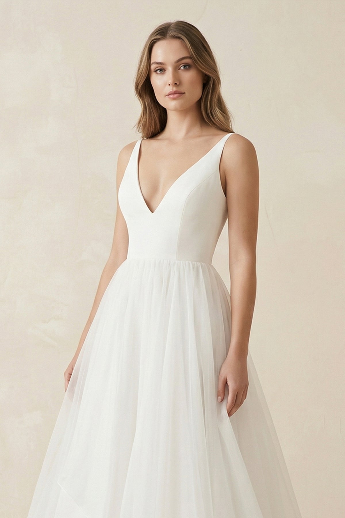 A Line Sleeveless Chiffon Deep V Neck Simple Long Beach Wedding Dress - Curvevia