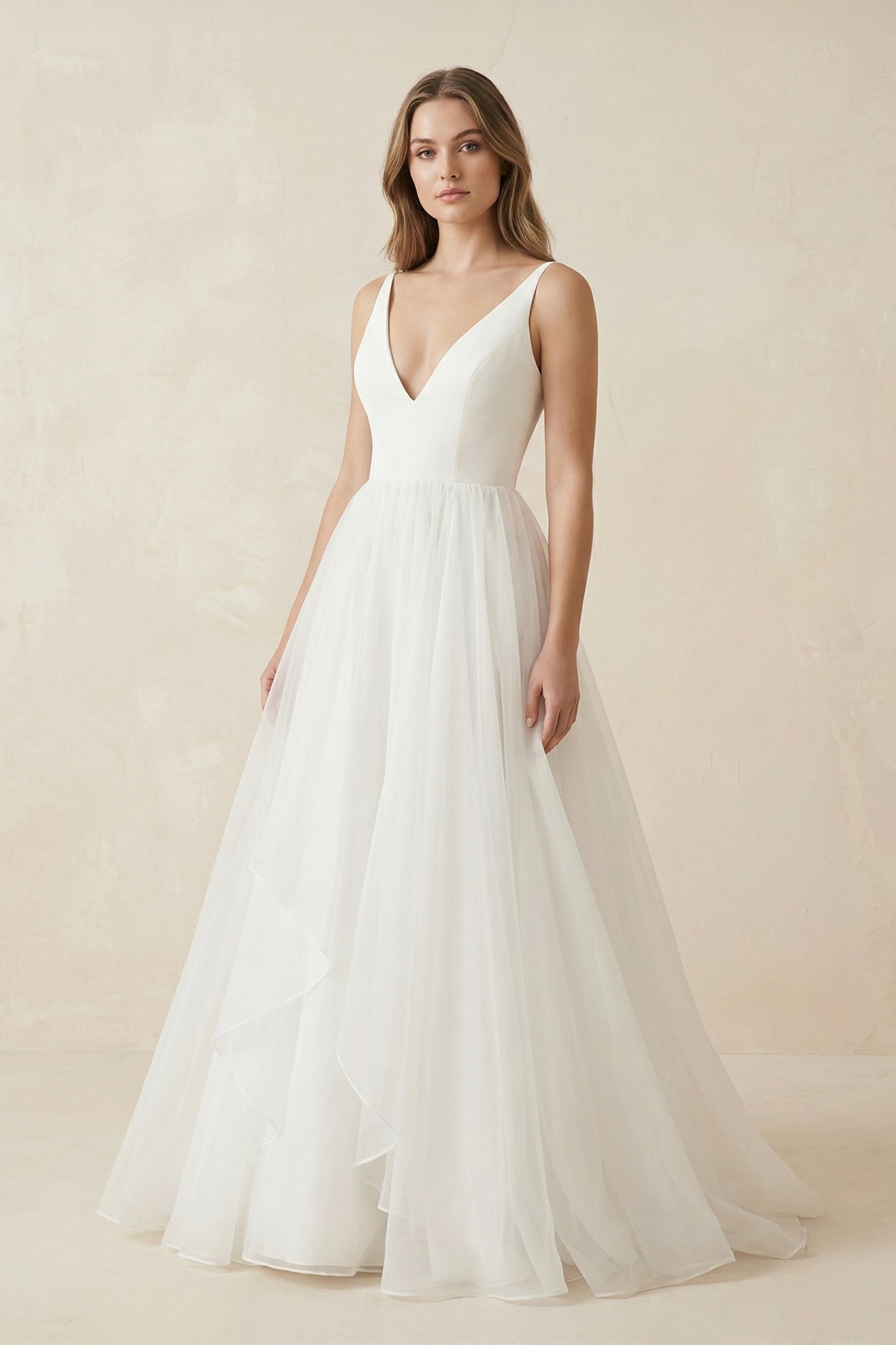 A Line Sleeveless Chiffon Deep V Neck Simple Long Beach Wedding Dress - Curvevia