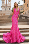 Red Mermaid Deep V Neck Sequins Evening Dress - Curvevia