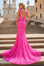 Red Mermaid Deep V Neck Sequins Evening Dress - Curvevia