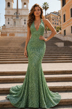 Red Mermaid Deep V Neck Sequins Evening Dress - Curvevia