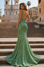 Red Mermaid Deep V Neck Sequins Evening Dress - Curvevia