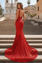 Deep V Neck Pink Sequins Mermaid Long Evening Dress - Curvevia
