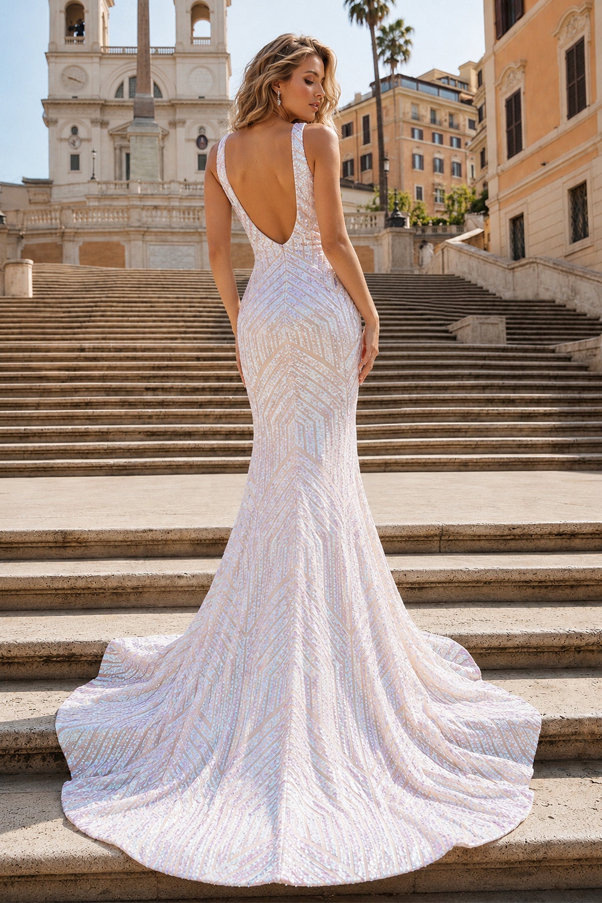 Deep V Neck Pink Sequins Mermaid Long Evening Dress - Curvevia