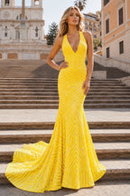 Red Mermaid Deep V Neck Sequins Evening Dress - Curvevia