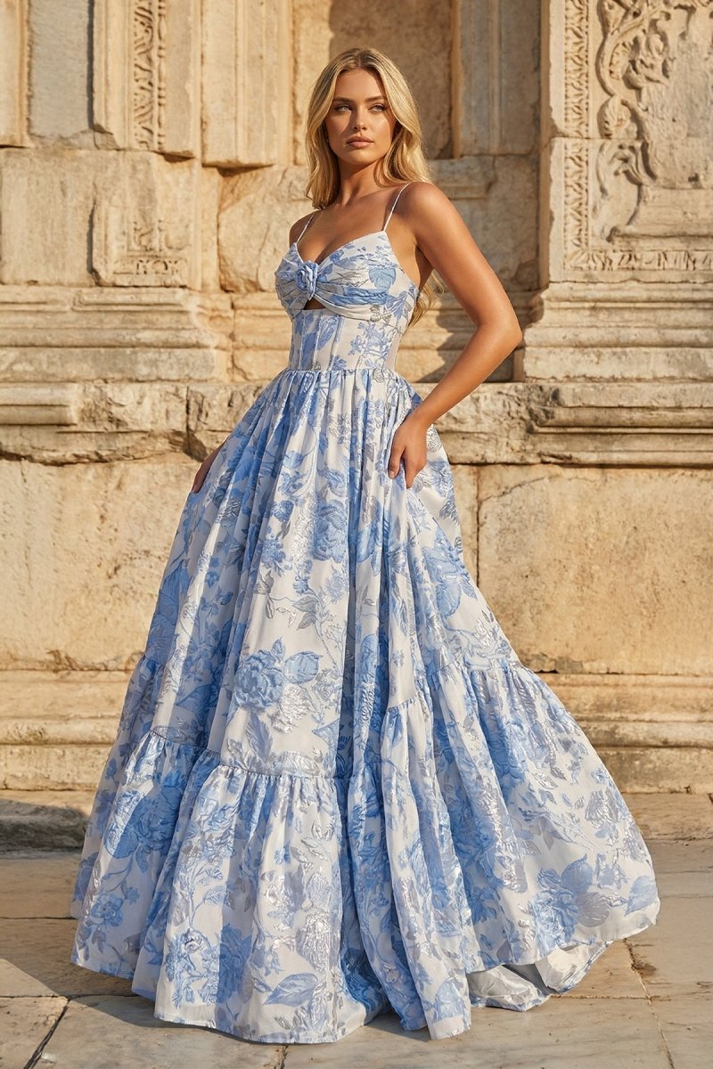 Blue A-Line Spaghetti Straps Floral Jacquard Satin Long Prom Dresses with Keyhole - Curvevia