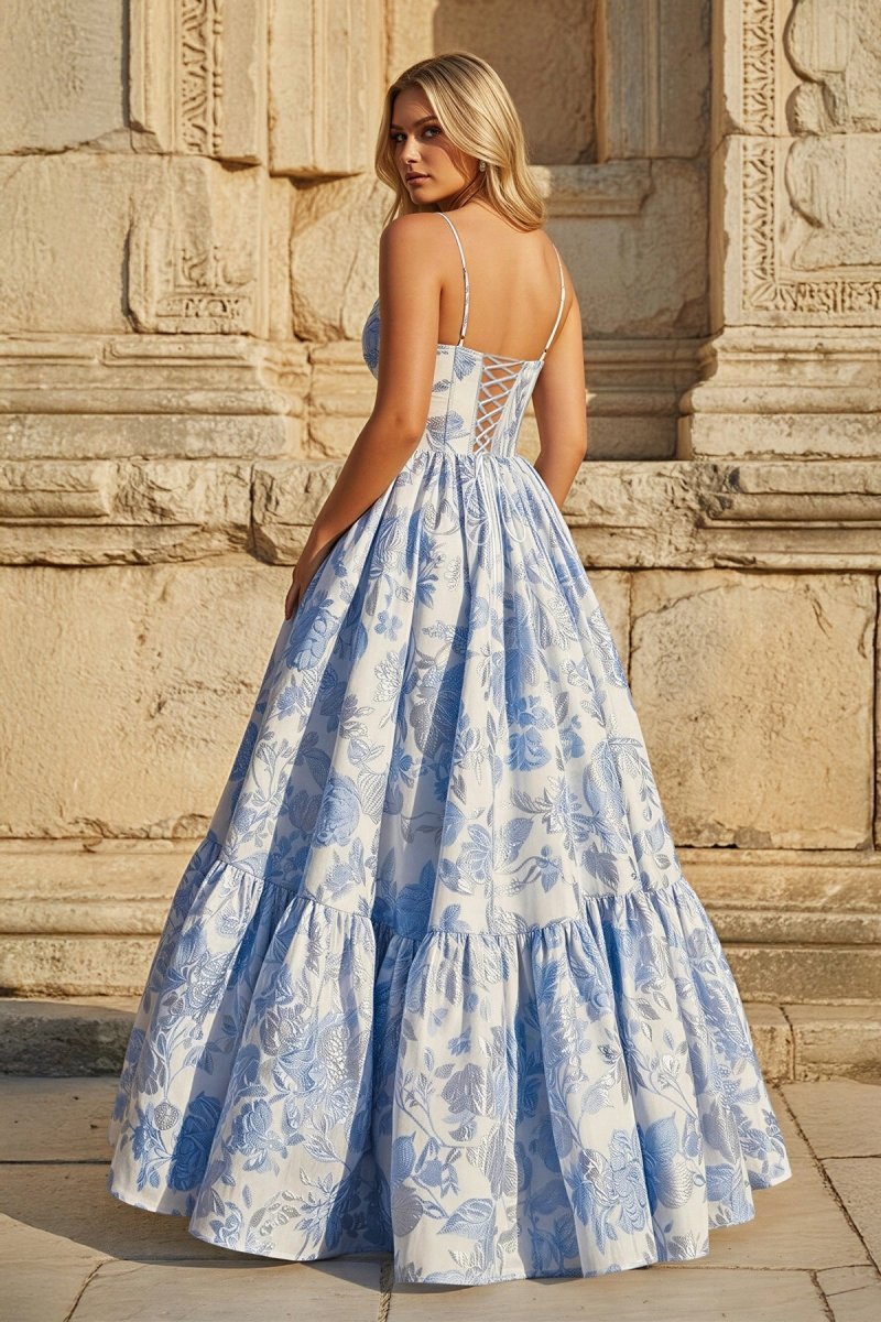 Blue A-Line Spaghetti Straps Floral Jacquard Satin Long Prom Dresses with Keyhole - Curvevia
