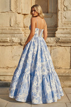 Blue A-Line Spaghetti Straps Floral Jacquard Satin Long Prom Dresses with Keyhole - Curvevia