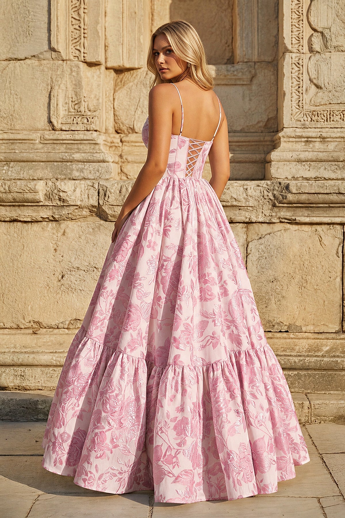Blue A-Line Spaghetti Straps Floral Jacquard Satin Long Prom Dresses with Keyhole - Curvevia