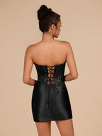 Navy Blue Strapless Bodycon Satin Pleated Short Homecoming & Cocktail Dresses With Beading - Curvevia