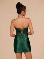 Navy Blue Strapless Bodycon Satin Pleated Short Homecoming & Cocktail Dresses With Beading - Curvevia