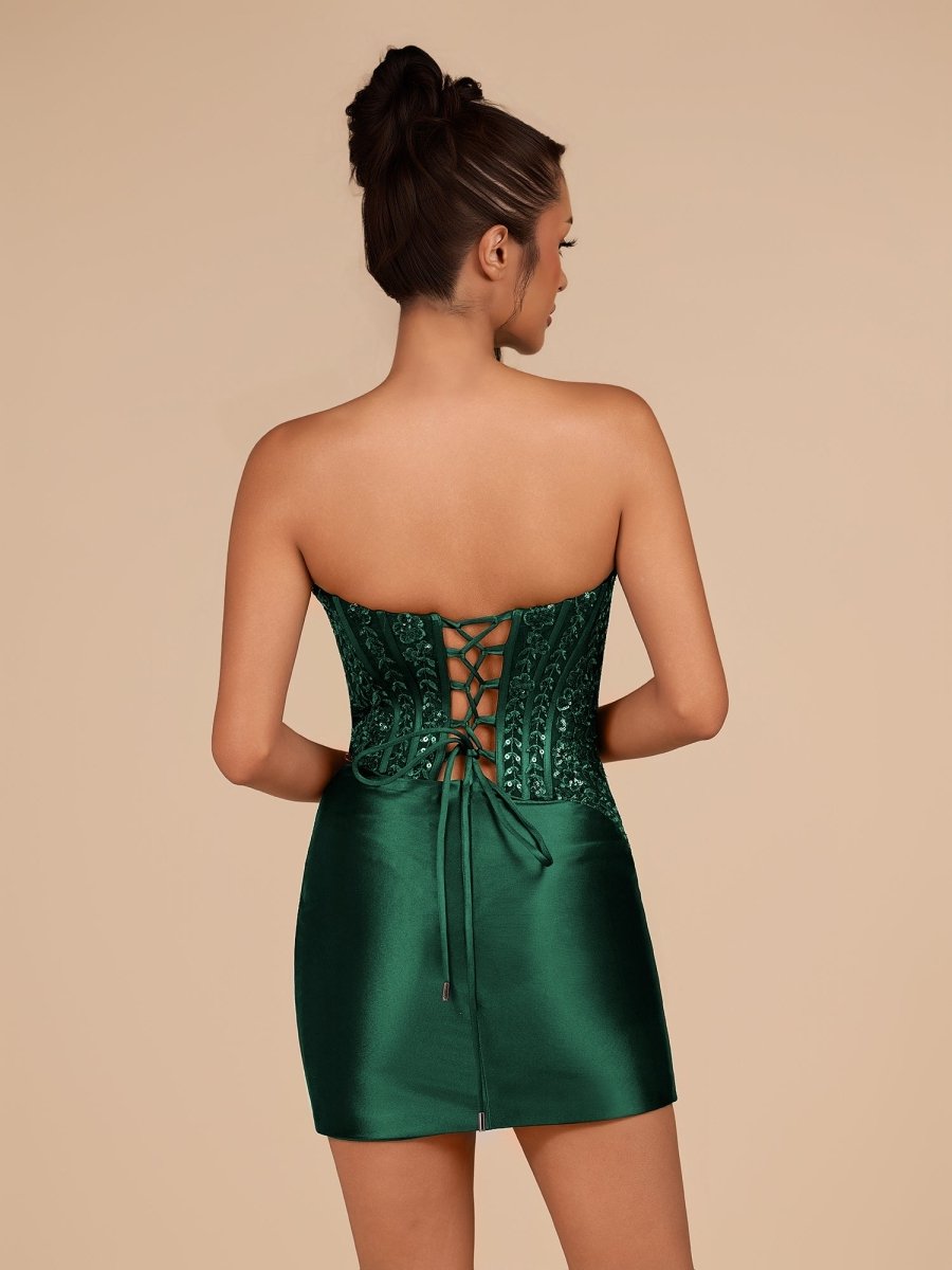 Navy Blue Strapless Bodycon Satin Pleated Short Homecoming & Cocktail Dresses With Beading - Curvevia