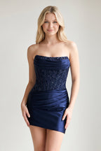 Navy Blue Strapless Bodycon Satin Pleated Short Homecoming & Cocktail Dresses With Beading - Curvevia