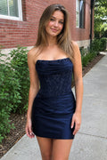 Navy Blue Strapless Bodycon Satin Pleated Short Homecoming & Cocktail Dresses With Beading - Curvevia