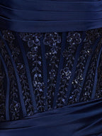 Navy Blue Strapless Bodycon Satin Pleated Short Homecoming & Cocktail Dresses With Beading - Curvevia