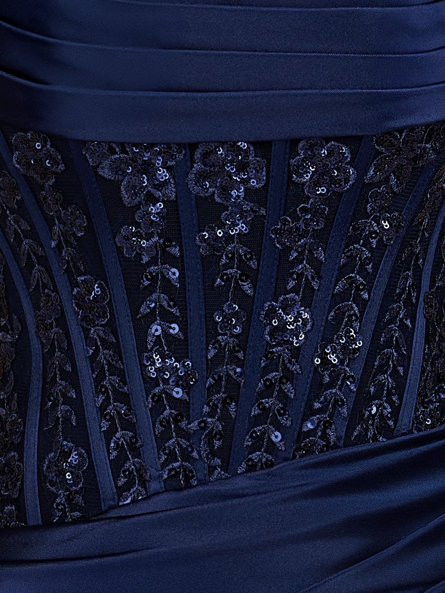 Navy Blue Strapless Bodycon Satin Pleated Short Homecoming & Cocktail Dresses With Beading - Curvevia