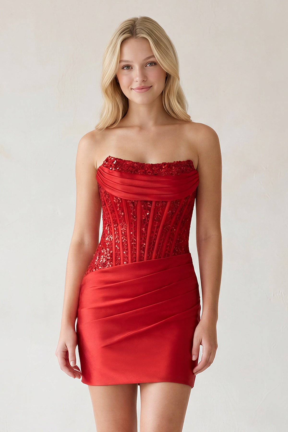 Navy Blue Strapless Bodycon Satin Pleated Short Homecoming & Cocktail Dresses With Beading - Curvevia