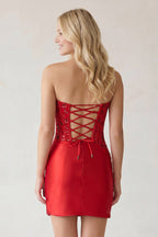 Navy Blue Strapless Bodycon Satin Pleated Short Homecoming & Cocktail Dresses With Beading - Curvevia
