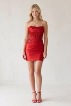 Navy Blue Strapless Bodycon Satin Pleated Short Homecoming & Cocktail Dresses With Beading - Curvevia