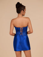 Navy Blue Strapless Bodycon Satin Pleated Short Homecoming & Cocktail Dresses With Beading - Curvevia