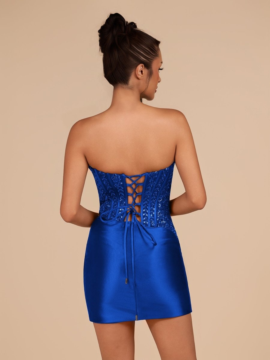 Navy Blue Strapless Bodycon Satin Pleated Short Homecoming & Cocktail Dresses With Beading - Curvevia