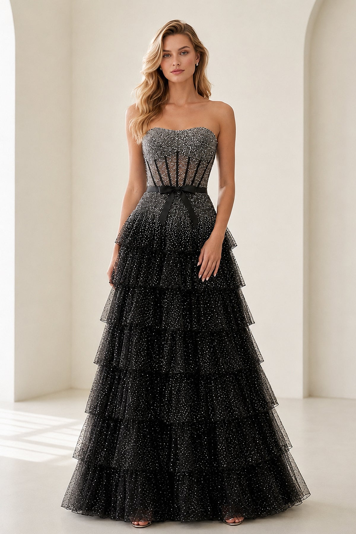 Black-White Strapless A Line Tulle Ruffled Evening Dress With Beading - Curvevia