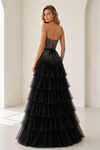 Black-White Strapless A Line Tulle Ruffled Evening Dress With Beading - Curvevia