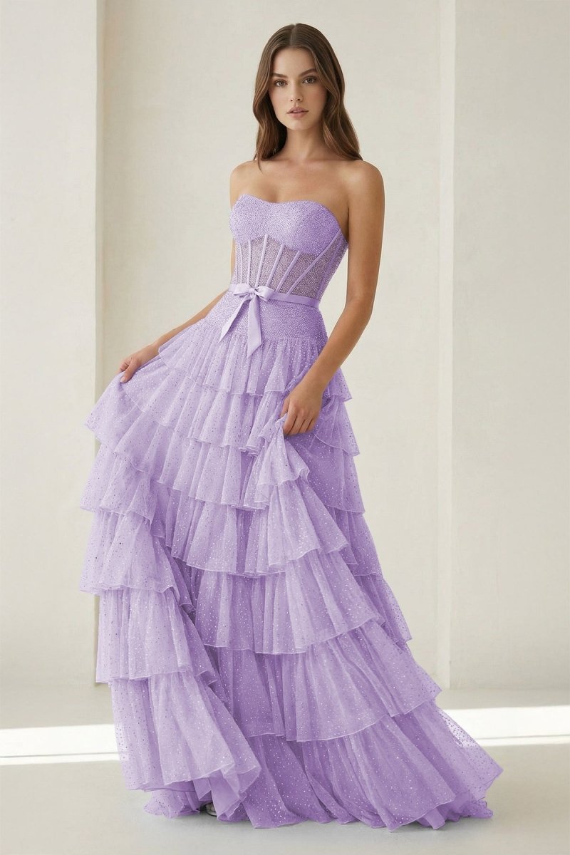 Black-White Strapless A Line Tulle Ruffled Evening Dress With Beading - Curvevia