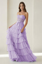 Black-White Strapless A Line Tulle Ruffled Evening Dress With Beading - Curvevia