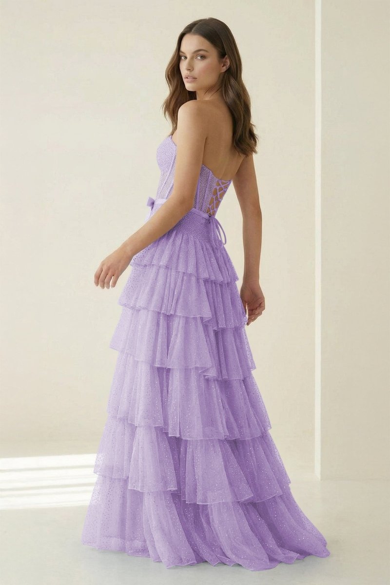 Black-White Strapless A Line Tulle Ruffled Evening Dress With Beading - Curvevia