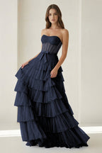 Black-White Strapless A Line Tulle Ruffled Evening Dress With Beading - Curvevia