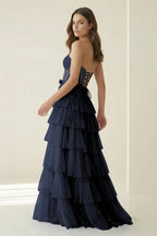 Black-White Strapless A Line Tulle Ruffled Evening Dress With Beading - Curvevia